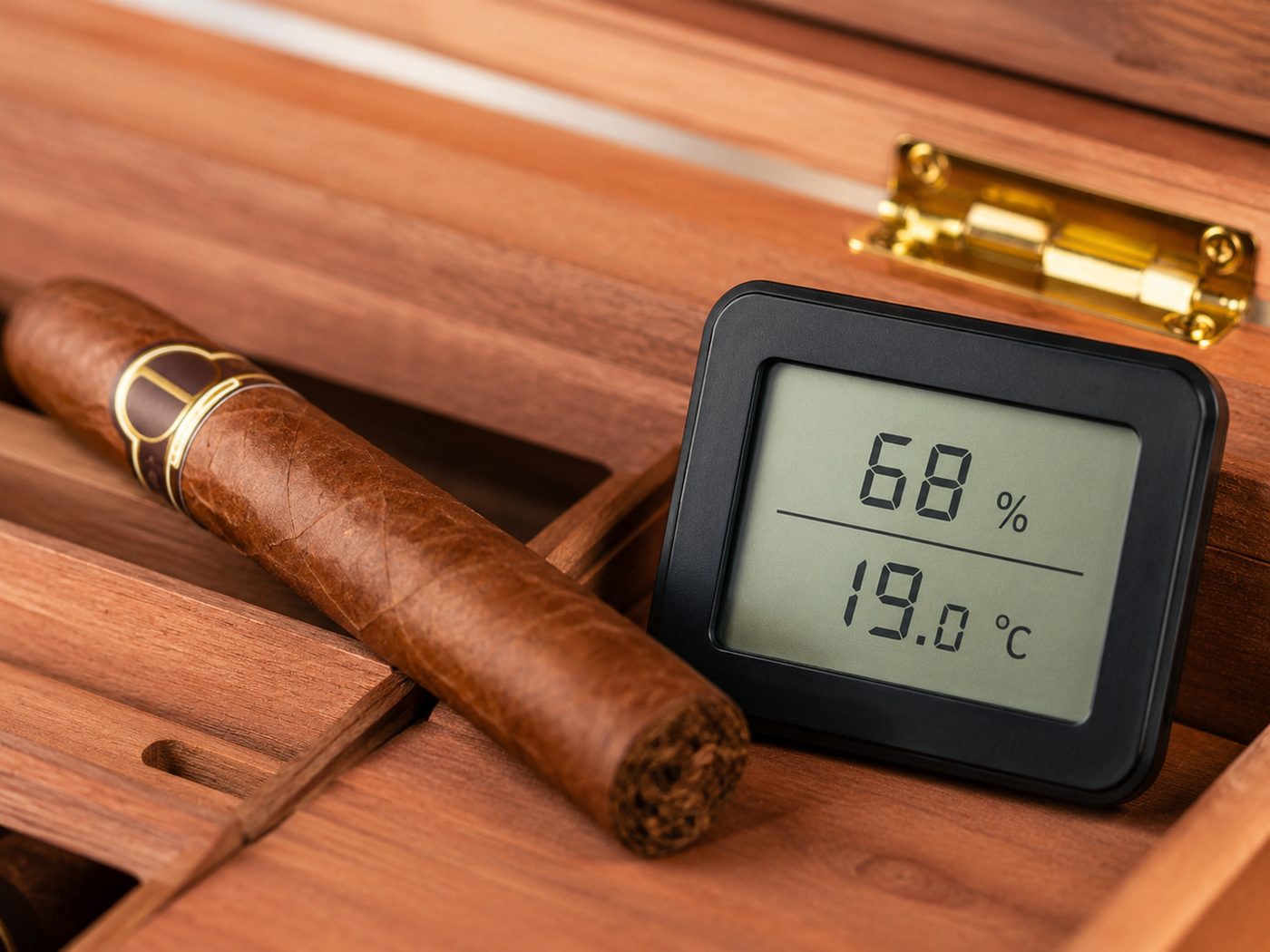 Nahaufnahme einer Zigarre neben einem digitalen Hygrometer im Humidor