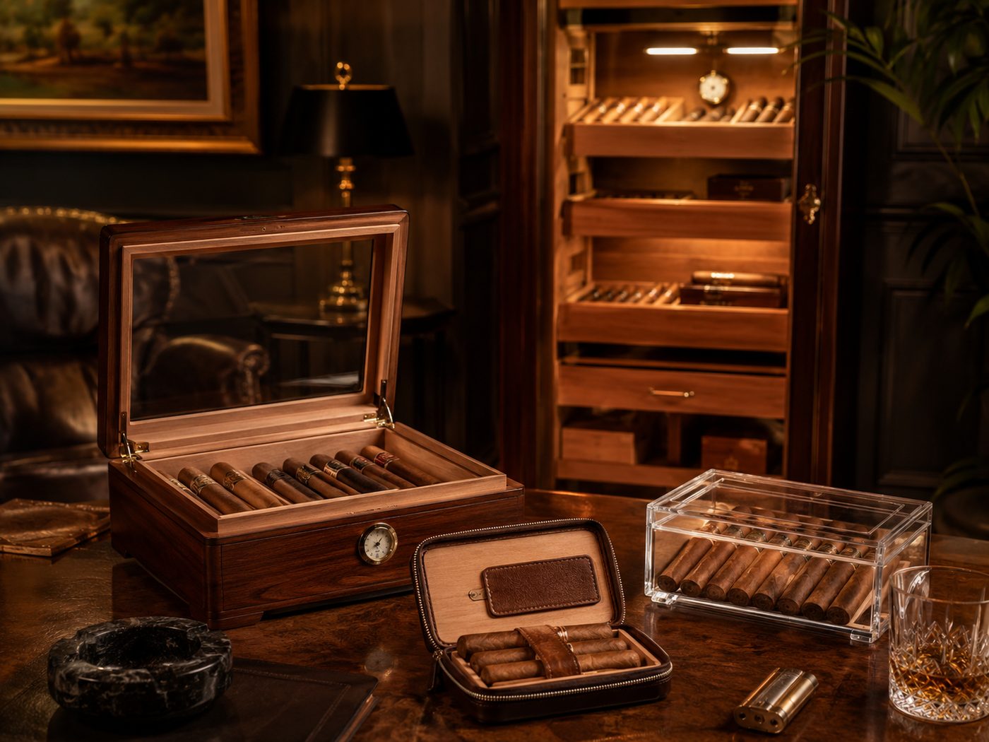 Verschiedene Zigarrenlagerloesungen wie Tischhumidor, Reisehumidor, Acrylbox und Schrankhumidor
